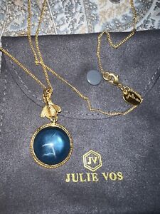 NEW Julie Vos Blue Glass & Bee Pendant Chain Necklace 24k Gold Plated NWOT
