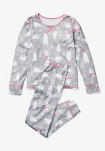 NWT Justice Girl's Polar Bear in Beanie Pajamas PJ Shirt Pants Grey Pink 7 8 M - Picture 1 of 3