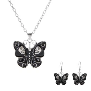 2PCS Punk Women Black Skull Butterfly Earrings Necklace Set Dangle Boho Jewelry - Picture 1 of 12