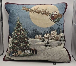 Portofino Christmas Tapestry Pillow Santa & Flying Sleigh Reindeer Tree 16x16” - Picture 1 of 5