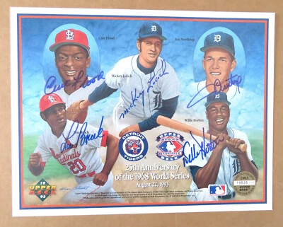 1968 Detroit Tigers UD sheet signed: Lolich, Northrup, Horton, Brock, Flood COA - Image 1 of 4