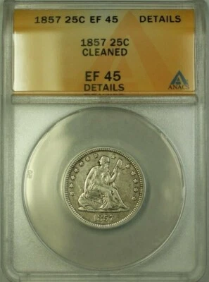 Moneda de 25 centavos Liberty Seated 1857 ANACS EF-45 detalles limpiados (WW) Foto 1 de 2