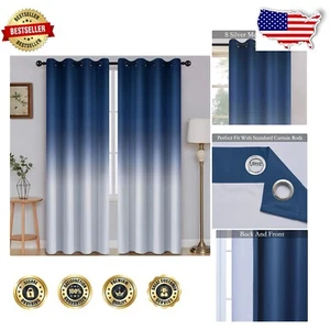 Ombre Room Darkening Curtains - Blue to Grey Gradient Grommet Drapes, 2 Panels - Picture 1 of 10