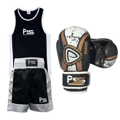 PSS Neu Kinder Boxuniform Set 2-teilig Uniform + Handschuhe (Echtleder) 1017 schwarz