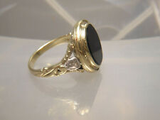 antik Ring 585 Gold verziert schwarz Onyx Platte 2 Diamantrosen RG 17 -18, 7 mm 