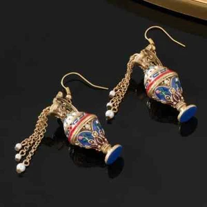NEW! Museum Earrings Art Deco Egyptian Style Vase Pitcher Art Enamel Pearl Gold - Picture 1 of 4
