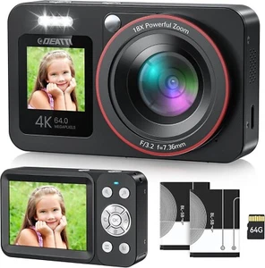 Digital Camera,FHD 4K 64MP Camera with Dual Screens 64GB SD Card 2 Batteries - Picture 1 of 8