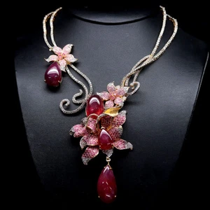 Gemstone Natural Red Ruby, Pink Sapphire & Zircon Necklace 19" 925 Silver - Picture 1 of 5