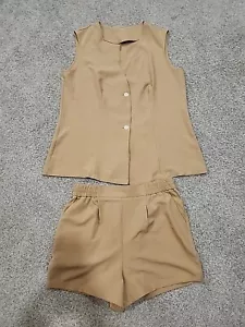 Conjunto de 2 blazer y pantalones cortos grandes beige sin mangas para mujer QUEZHU - Imagen 1 de 12