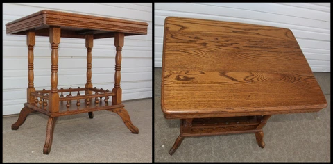 Antique Solid Oak Parlor Lamp Accent Table wStick & Ball Railing Perfect We Ship Cover
