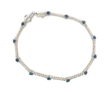 14k White Gold 1+ ctw Diamond & Blue Sapphire Tennis 7.25 in long Bracelet 8.6g - Image 1 of 4