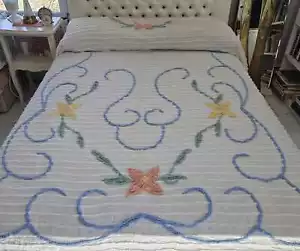 Vintage White Chenille Bedspread with Pink Yellow Blue Green Flowers, Full Size - Picture 1 of 10