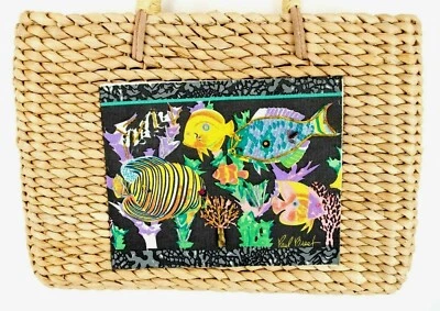 Cartera de paja tropical con cuentas peces Paul Brent sol y arena 10 pulgadas x 8 forrada en tela  Foto 1 de 4