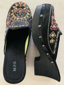 M.P.S. Clogs Beaded Sequins Boho Y2K Platform Sz 8 Black Hippie Festival Vegan - Picture 1 of 12