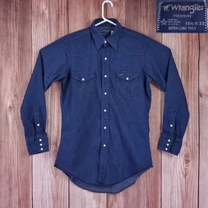 Vintage 70s 80s Wrangler Mens 15.5X33 Pearl Snap Denim Shirt Western Cowboy USA - Picture 1 of 14