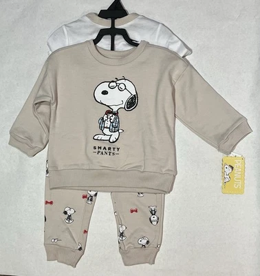 NUOVO Peanuts SNOOPY 18 mesi pantaloni felpa maglietta set 3 pezzi vestito carino - Immagine 1 di 4