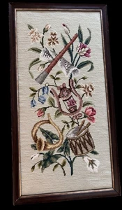 VTG Mid Century Needlepoint Musical Instruments Floral Large Finished Framed - Picture 1 of 12