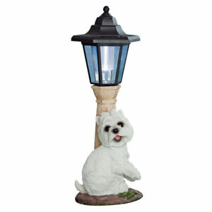 Realistic Westie Dog Garden Sculpture w/ Solar Lighted Lamp Post