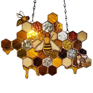 Stained Glass Bee Honeycomb Hanging Suncatcher Ornaments Window Garden Decor