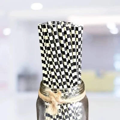 Black & White Checkered Paper Drinking Straws 10pk - Image 1 of 4
