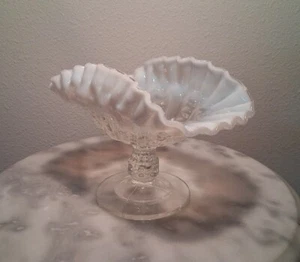 Dugan Pressed Coinspot White Opalescent footed compote 2 sides up - Picture 1 of 2