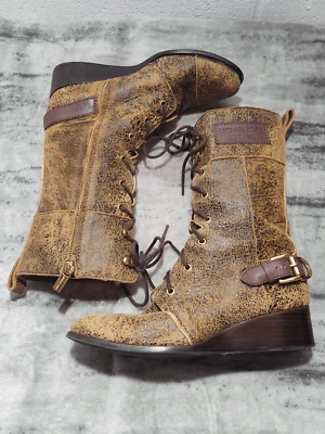 NWOT Michael Kors Woolley Brown Distressed Leather Combat Boot Lace Zip Up 7M - Image 1 of 4