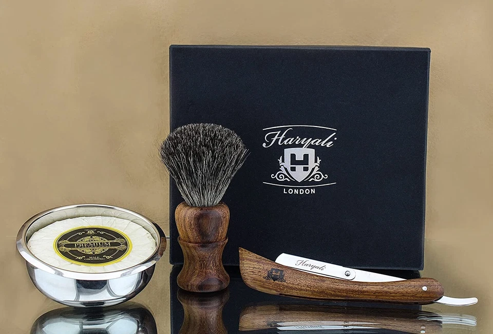 Haryali London Cut Throat Razor Wooden Shaving Razor Brush Soap Bowl Gift Set