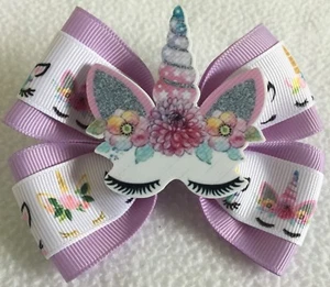 Girls Hair Bow 4" Wide Big Unicorn Flatback Purple Ribbon French Barrette - Picture 1 of 2