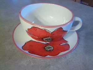 Oversized Large Teacup with Saucer Poppy Flower Hand Painted - Japan - Picture 1 of 15