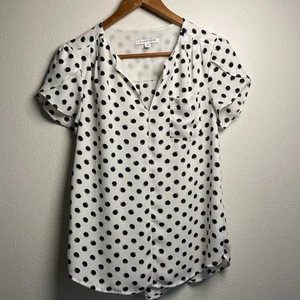41 Hawthorn Black Polka Dot V-Neck Relaxed Short Sleeve Top Women Petite Size XS - Picture 1 of 9
