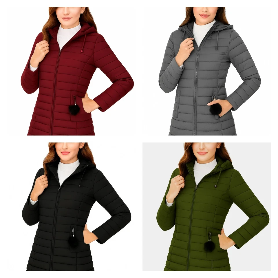 Women's Quilted Padded Puffer Long Jacket Ladies Jacket Warm Winter Coat - Image 1 of 1