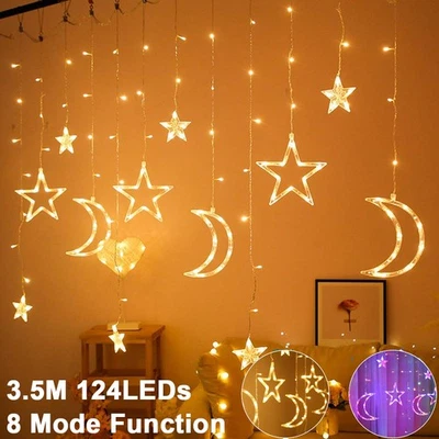 3.5M Twinkling Star Moon LED Ramadan Curtain Lights 8 Mode Eid Mubarak Decor UK - Image 1 of 4