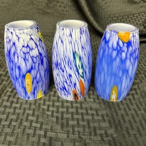 Set Of 3 Millefiori Cased Blue Glass Pendant Hanging Lamp Shades Murano Style - Picture 1 of 16