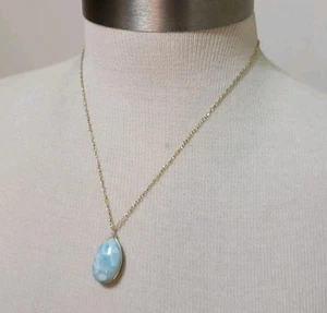 Hand Crafted Larimar Pendant Necklace Goldtone Lobster Clasp 18" Long - Picture 1 of 6