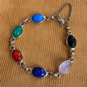 SCARAB Käfer ARMBAND Vintage Egyptian Revival Modeschmuck goldfarben 8" - Bild 1 von 6