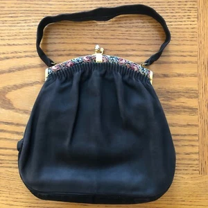 Vintage 40s Black Suede? Handbag Purse Stone Kiss Lock Petit Point Floral Trim - Picture 1 of 13