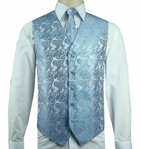Light Blue New Men's Paisley Design Tuxedo Suit Dress Vest Waistcoat & Necktie - Picture 1 of 4