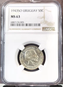 1943 URUGUAY SILVER 50 CENTESIMOS 50C NGC MS 63 NICE COIN - Picture 1 of 3