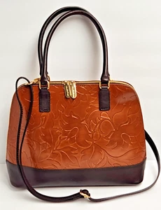 Valentina Italy Leather Embossed Floral Purse Crossbody Shoulder Bag Brown - Picture 1 of 10