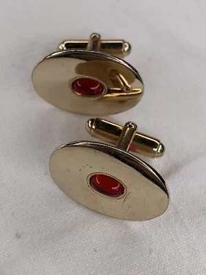 Vtg 60s Cufflinks Gold Plated ovals Ruby Red Glass Cabochons anniversary 40year  - Image 1 of 4