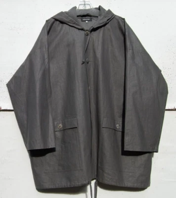 Eskandar Size (1) CHARCOAL Hooded 34" Long Rain Coat w/Pockets - Image 1 of 4
