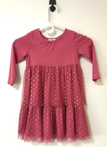 Hanna Andersson Dress Size 100, US 4 Tulle Tiered Jersey Dress Pink w/ Gold Dots - Picture 1 of 11