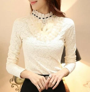 Elegant Women Lace Frilly Ruffle Victorian Casual Long Sleeve Shirts Blouse New - Imagen 1 de 7