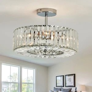 4 Lights Modern Crystal Chandelier Chrome round Semi Flush Mount Ceiling Light F - Picture 1 of 9