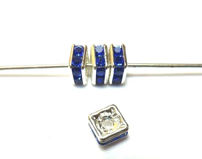 4 Pcs ~ 4mm ~ SAPPHIRE ~ SILVER SQUAREDELLS ~ SWAROVSKI CRYSTAL Rhinestone BEADS - Image 1 of 1
