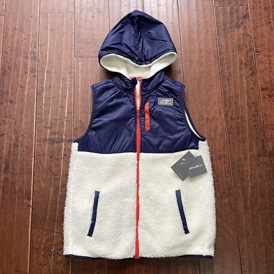 Novo com etiquetas Eddie Bauer KIDS colete de lã azul marinho marfim vermelho acabamento pele sintética tamanho L 14 - Imagem 1 de 4