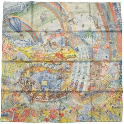 Hermes Silk Les Folies du Faubourg scarf 90 34"x34" green blue Pink Yellow BNIB - Image 1 of 4