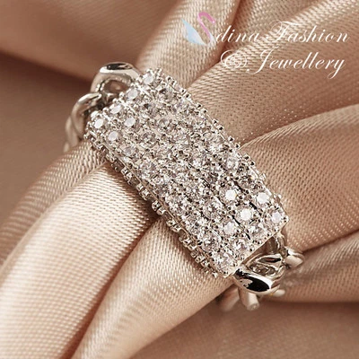 18K White Gold Plated White Simulated Crystal  Linked Chain Soft Band Ring Foto 1 de 4