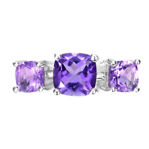 Unheated Cushion Amethyst 7mm 14K White Gold Plate 925 Sterling Silver Ring Sz 8