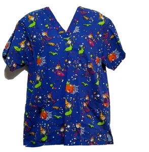Peaches Uniforms Scrub Top XS Halloween Pumpkins Witch Blue - Picture 1 of 8